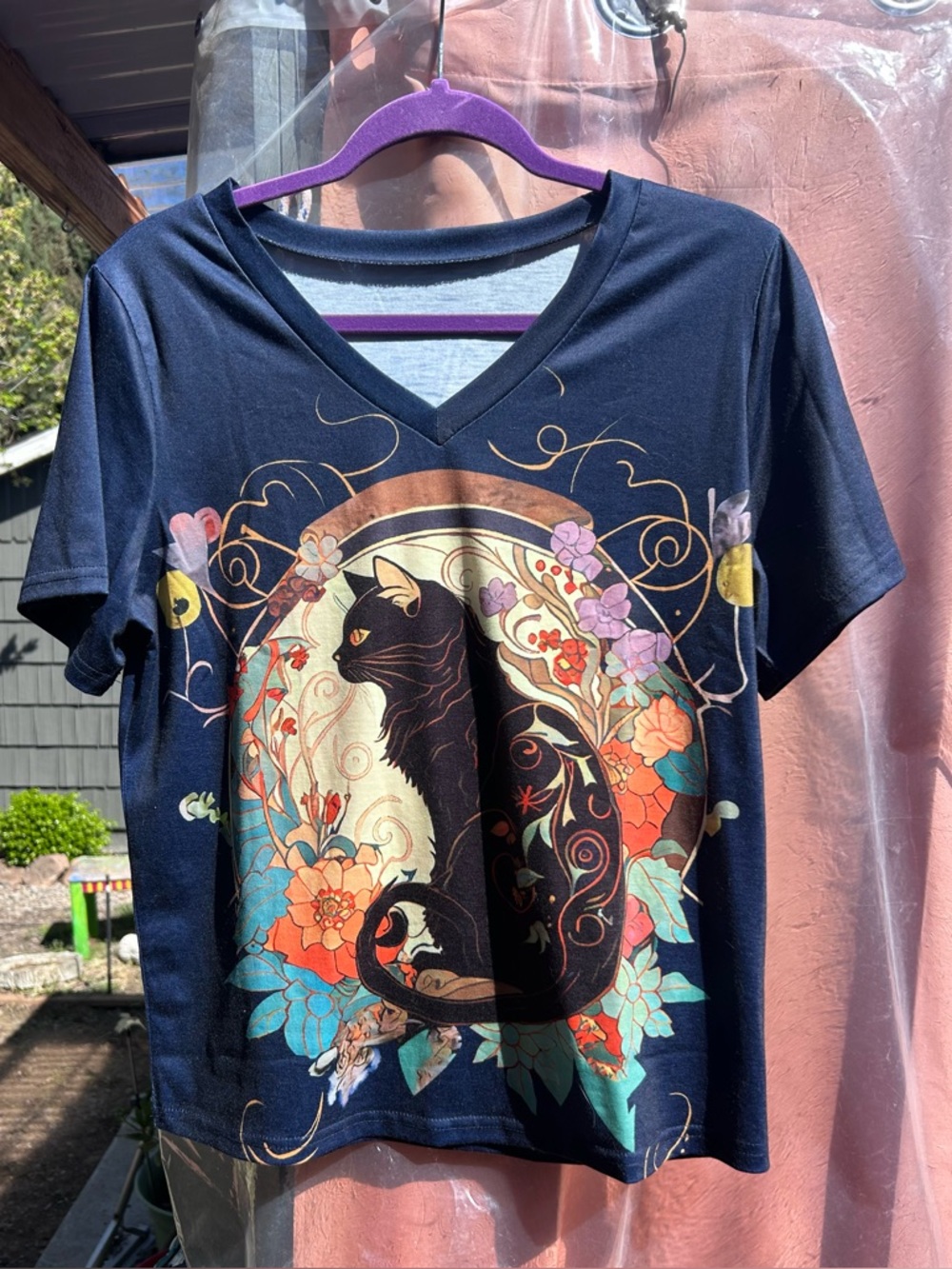 Navy V-Neck Tee with Decorative Black Cat and Floral Medallion